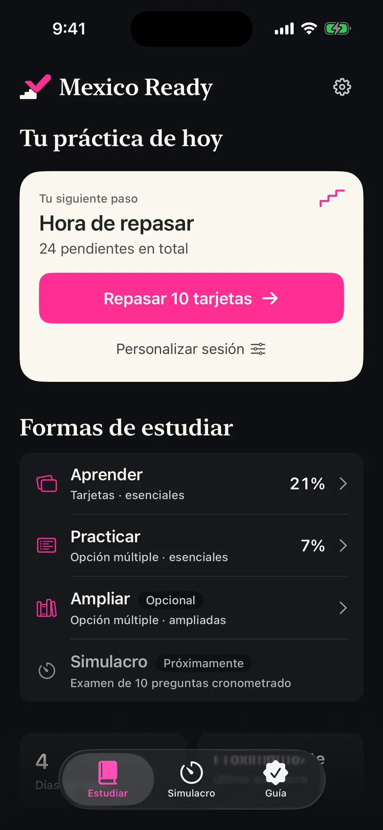 La pantalla principal de estudio de Mexico Ready en iPhone, con el avance en tarjetas, preguntas Core y preguntas Extended