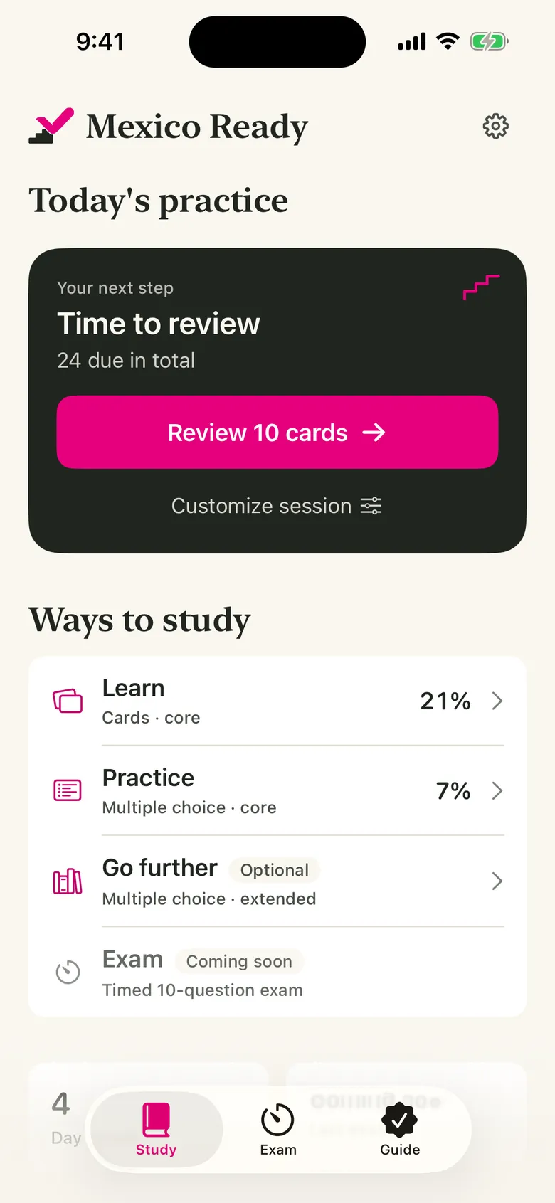 The Mexico Ready study hub on iPhone, showing progress for flashcards, Core questions, and Extended questions