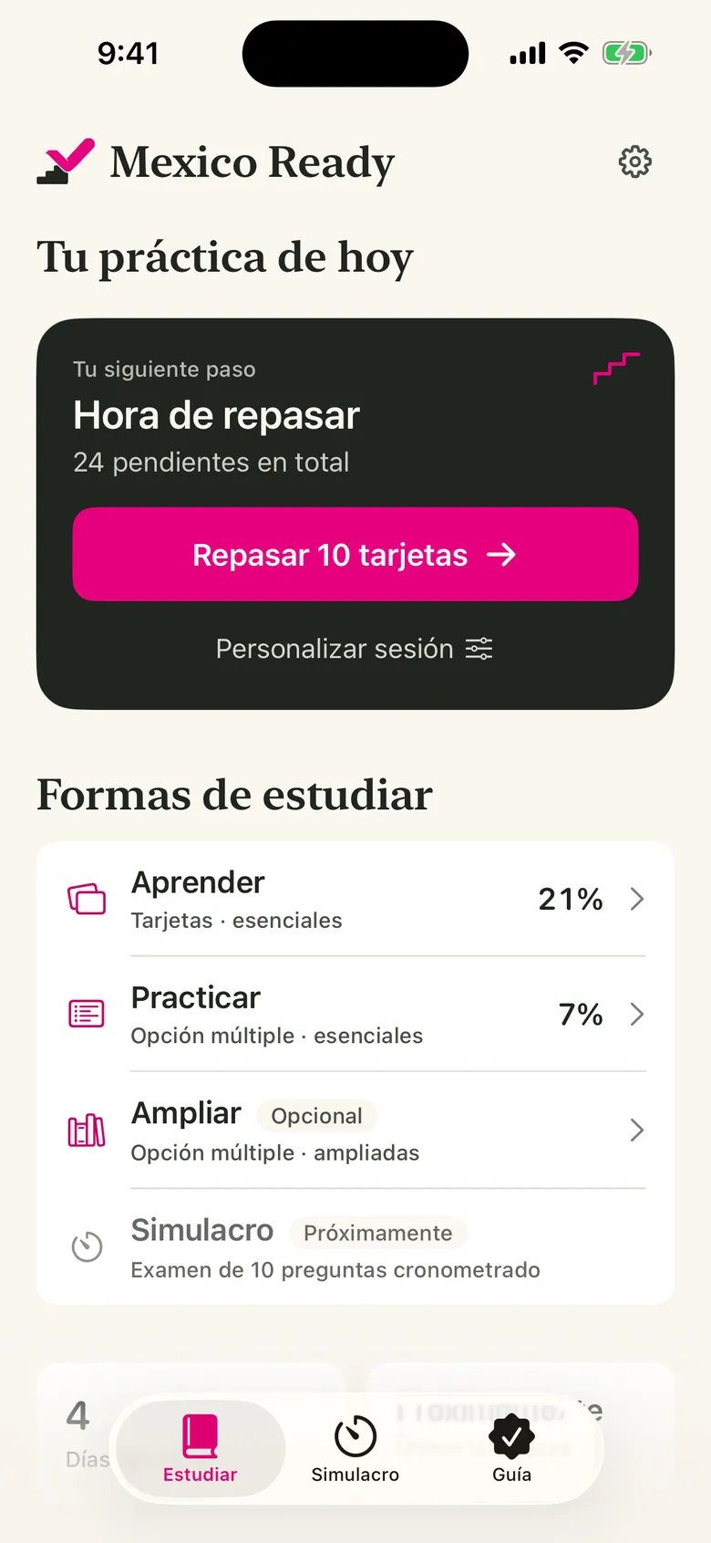 La pantalla principal de estudio de Mexico Ready en iPhone, con el avance en tarjetas, preguntas Core y preguntas Extended