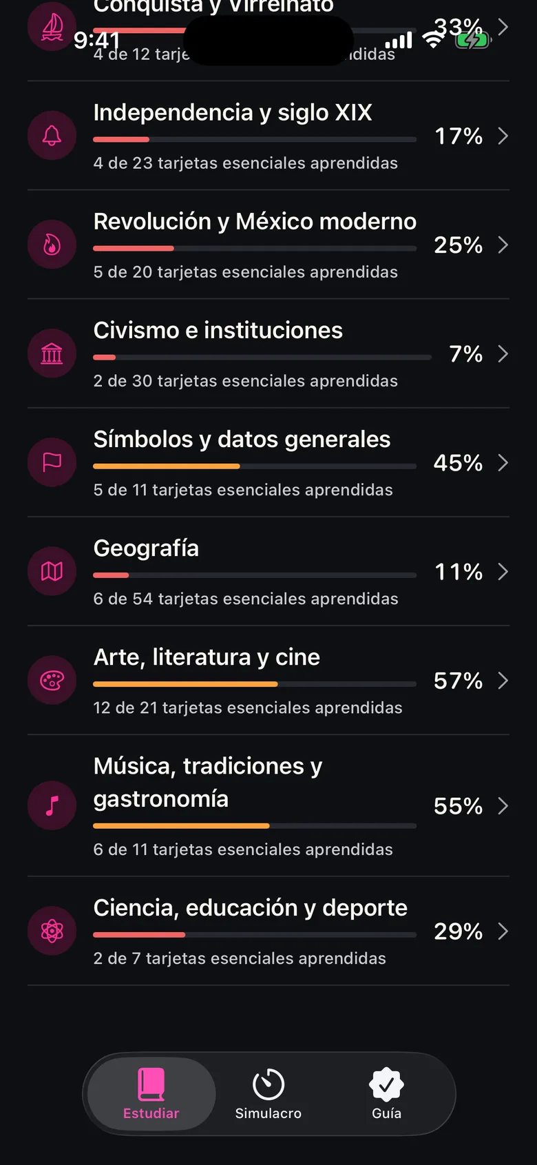 La pantalla de estudio de Mexico Ready con el avance por tema y las tarjetas esenciales aprendidas en cada uno